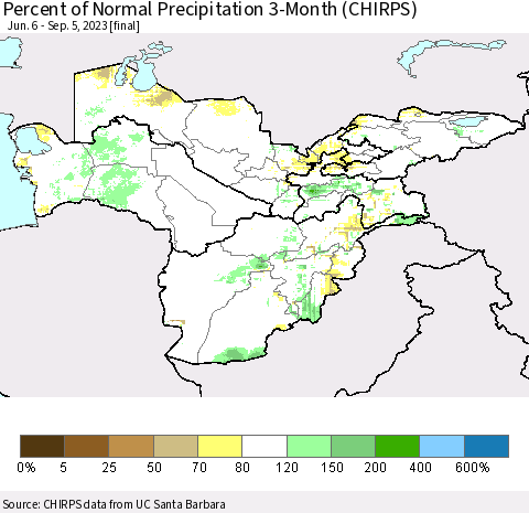 Central Asia Percent of Normal Precipitation 3-Month (CHIRPS) Thematic Map For 6/6/2023 - 9/5/2023