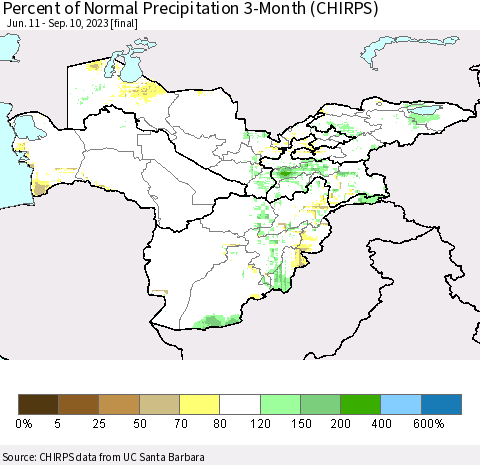 Central Asia Percent of Normal Precipitation 3-Month (CHIRPS) Thematic Map For 6/11/2023 - 9/10/2023