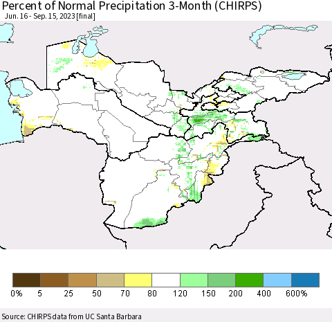 Central Asia Percent of Normal Precipitation 3-Month (CHIRPS) Thematic Map For 6/16/2023 - 9/15/2023