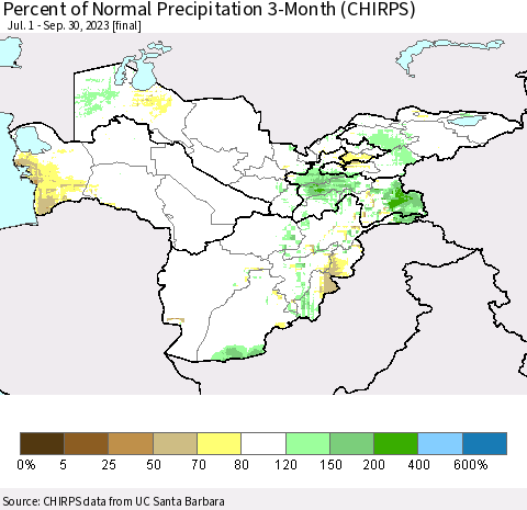 Central Asia Percent of Normal Precipitation 3-Month (CHIRPS) Thematic Map For 7/1/2023 - 9/30/2023