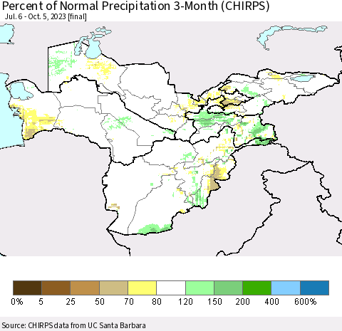 Central Asia Percent of Normal Precipitation 3-Month (CHIRPS) Thematic Map For 7/6/2023 - 10/5/2023