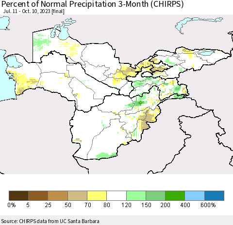 Central Asia Percent of Normal Precipitation 3-Month (CHIRPS) Thematic Map For 7/11/2023 - 10/10/2023