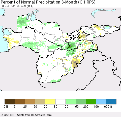 Central Asia Percent of Normal Precipitation 3-Month (CHIRPS) Thematic Map For 7/16/2023 - 10/15/2023