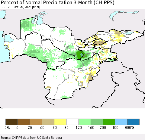 Central Asia Percent of Normal Precipitation 3-Month (CHIRPS) Thematic Map For 7/21/2023 - 10/20/2023