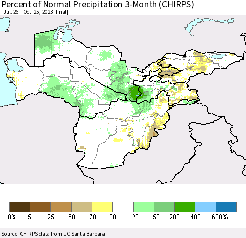 Central Asia Percent of Normal Precipitation 3-Month (CHIRPS) Thematic Map For 7/26/2023 - 10/25/2023