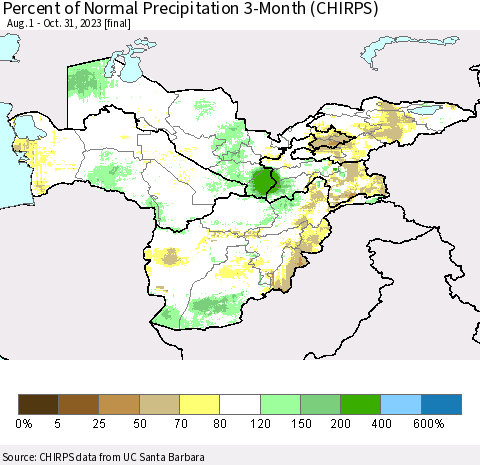 Central Asia Percent of Normal Precipitation 3-Month (CHIRPS) Thematic Map For 8/1/2023 - 10/31/2023