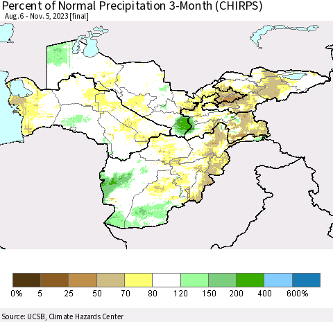 Central Asia Percent of Normal Precipitation 3-Month (CHIRPS) Thematic Map For 8/6/2023 - 11/5/2023