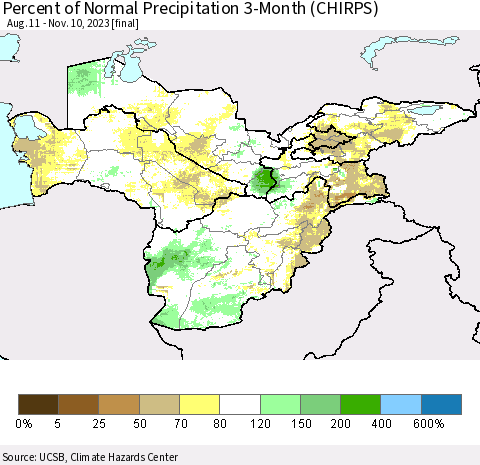 Central Asia Percent of Normal Precipitation 3-Month (CHIRPS) Thematic Map For 8/11/2023 - 11/10/2023