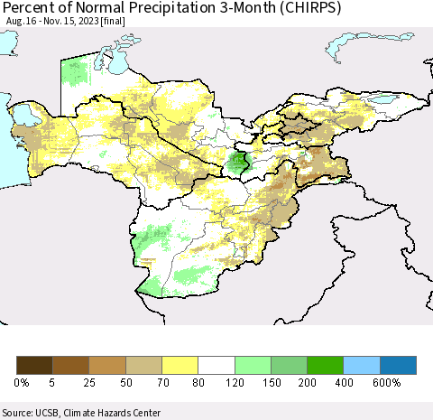 Central Asia Percent of Normal Precipitation 3-Month (CHIRPS) Thematic Map For 8/16/2023 - 11/15/2023