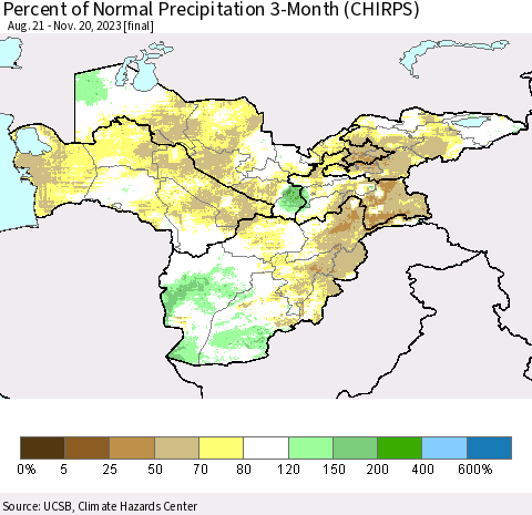 Central Asia Percent of Normal Precipitation 3-Month (CHIRPS) Thematic Map For 8/21/2023 - 11/20/2023