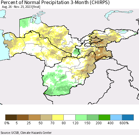 Central Asia Percent of Normal Precipitation 3-Month (CHIRPS) Thematic Map For 8/26/2023 - 11/25/2023