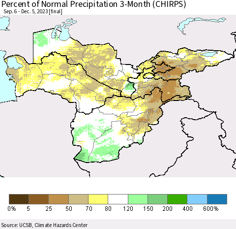 Central Asia Percent of Normal Precipitation 3-Month (CHIRPS) Thematic Map For 9/6/2023 - 12/5/2023