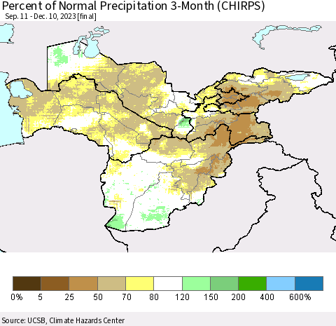 Central Asia Percent of Normal Precipitation 3-Month (CHIRPS) Thematic Map For 9/11/2023 - 12/10/2023