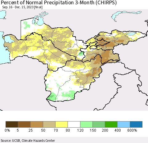 Central Asia Percent of Normal Precipitation 3-Month (CHIRPS) Thematic Map For 9/16/2023 - 12/15/2023