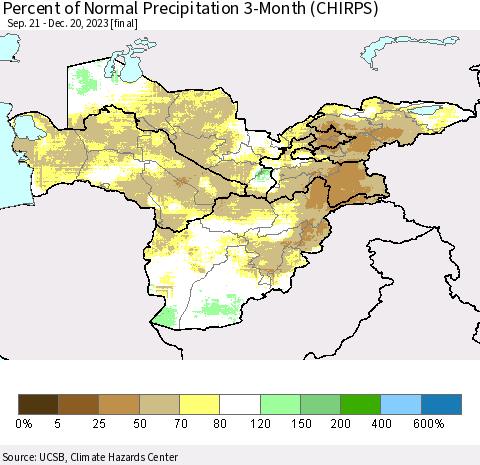 Central Asia Percent of Normal Precipitation 3-Month (CHIRPS) Thematic Map For 9/21/2023 - 12/20/2023