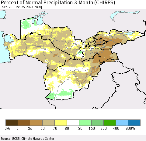 Central Asia Percent of Normal Precipitation 3-Month (CHIRPS) Thematic Map For 9/26/2023 - 12/25/2023
