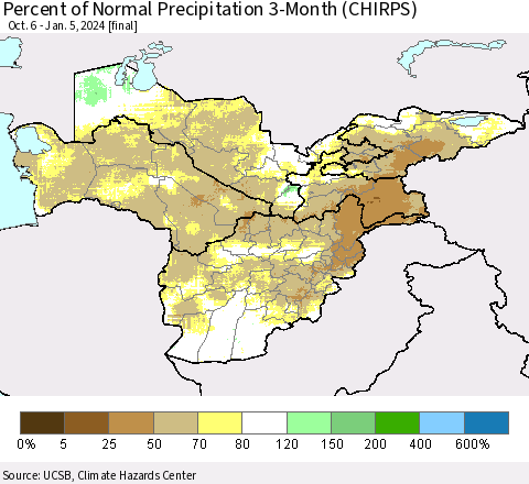Central Asia Percent of Normal Precipitation 3-Month (CHIRPS) Thematic Map For 10/6/2023 - 1/5/2024