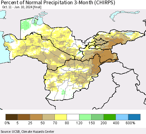 Central Asia Percent of Normal Precipitation 3-Month (CHIRPS) Thematic Map For 10/11/2023 - 1/10/2024