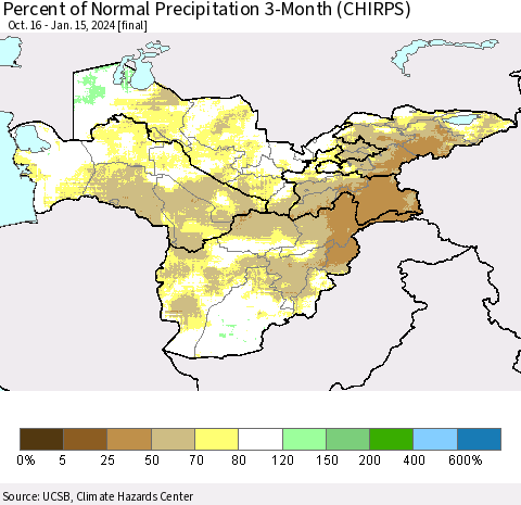 Central Asia Percent of Normal Precipitation 3-Month (CHIRPS) Thematic Map For 10/16/2023 - 1/15/2024