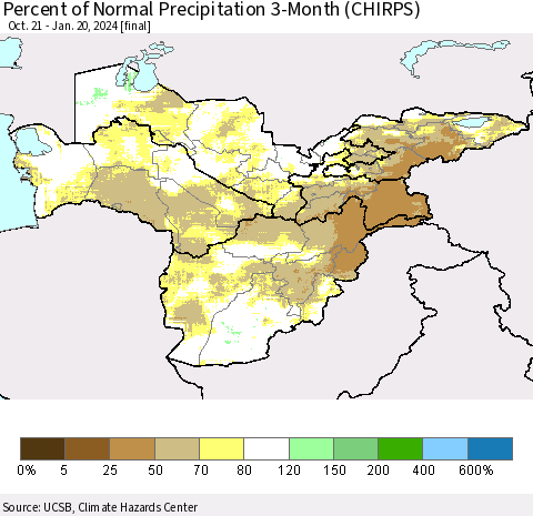 Central Asia Percent of Normal Precipitation 3-Month (CHIRPS) Thematic Map For 10/21/2023 - 1/20/2024