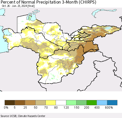 Central Asia Percent of Normal Precipitation 3-Month (CHIRPS) Thematic Map For 10/26/2023 - 1/25/2024