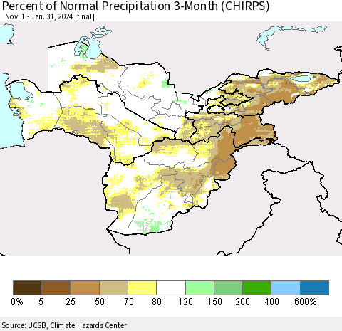 Central Asia Percent of Normal Precipitation 3-Month (CHIRPS) Thematic Map For 11/1/2023 - 1/31/2024