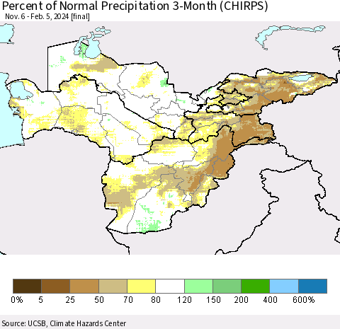 Central Asia Percent of Normal Precipitation 3-Month (CHIRPS) Thematic Map For 11/6/2023 - 2/5/2024