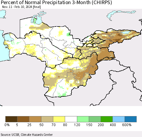 Central Asia Percent of Normal Precipitation 3-Month (CHIRPS) Thematic Map For 11/11/2023 - 2/10/2024