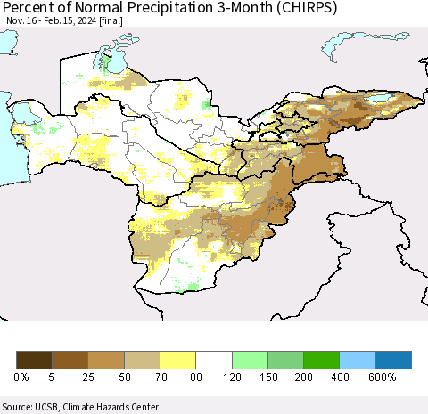 Central Asia Percent of Normal Precipitation 3-Month (CHIRPS) Thematic Map For 11/16/2023 - 2/15/2024