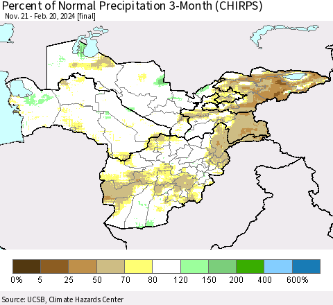 Central Asia Percent of Normal Precipitation 3-Month (CHIRPS) Thematic Map For 11/21/2023 - 2/20/2024
