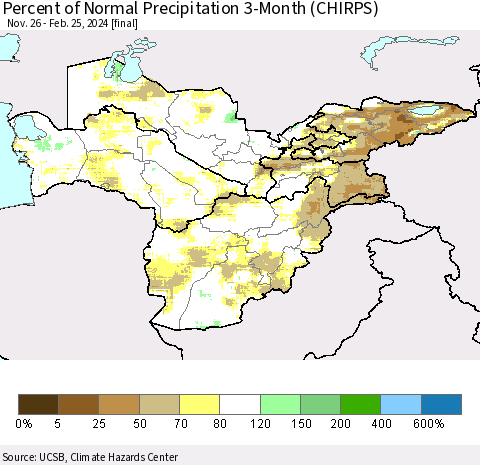 Central Asia Percent of Normal Precipitation 3-Month (CHIRPS) Thematic Map For 11/26/2023 - 2/25/2024