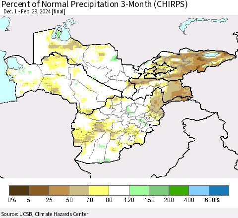 Central Asia Percent of Normal Precipitation 3-Month (CHIRPS) Thematic Map For 12/1/2023 - 2/29/2024