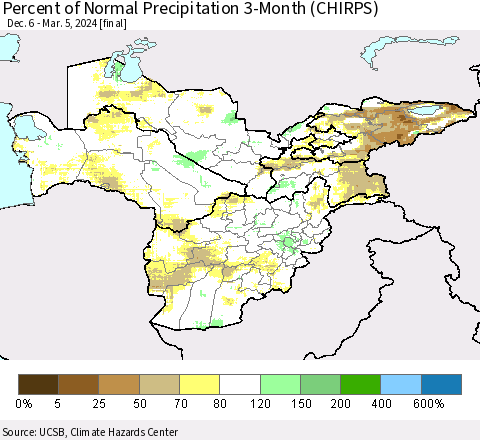 Central Asia Percent of Normal Precipitation 3-Month (CHIRPS) Thematic Map For 12/6/2023 - 3/5/2024