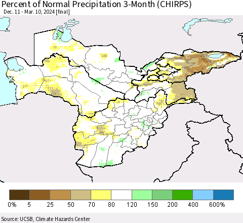 Central Asia Percent of Normal Precipitation 3-Month (CHIRPS) Thematic Map For 12/11/2023 - 3/10/2024