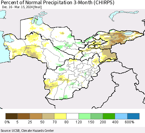 Central Asia Percent of Normal Precipitation 3-Month (CHIRPS) Thematic Map For 12/16/2023 - 3/15/2024