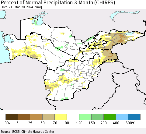 Central Asia Percent of Normal Precipitation 3-Month (CHIRPS) Thematic Map For 12/21/2023 - 3/20/2024