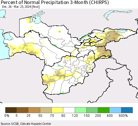 Central Asia Percent of Normal Precipitation 3-Month (CHIRPS) Thematic Map For 12/26/2023 - 3/25/2024