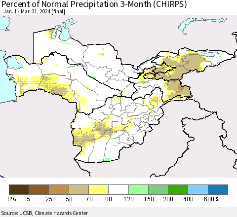 Central Asia Percent of Normal Precipitation 3-Month (CHIRPS) Thematic Map For 1/1/2024 - 3/31/2024