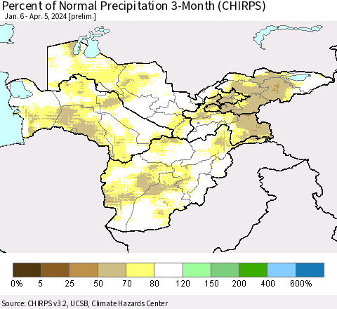 Central Asia Percent of Normal Precipitation 3-Month (CHIRPS) Thematic Map For 1/6/2024 - 4/5/2024