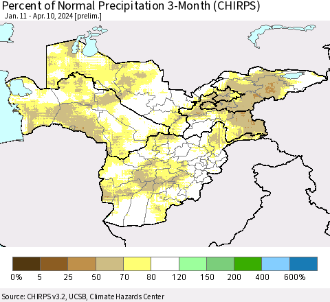 Central Asia Percent of Normal Precipitation 3-Month (CHIRPS) Thematic Map For 1/11/2024 - 4/10/2024