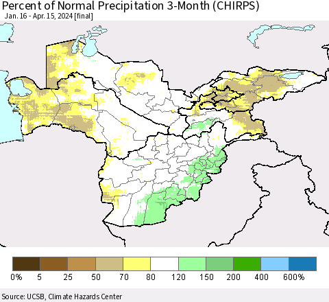 Central Asia Percent of Normal Precipitation 3-Month (CHIRPS) Thematic Map For 1/16/2024 - 4/15/2024