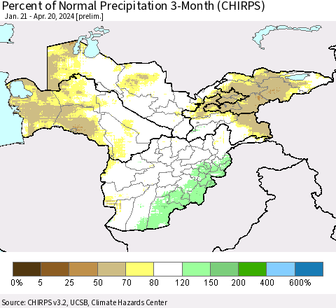 Central Asia Percent of Normal Precipitation 3-Month (CHIRPS) Thematic Map For 1/21/2024 - 4/20/2024
