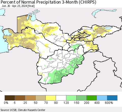 Central Asia Percent of Normal Precipitation 3-Month (CHIRPS) Thematic Map For 1/26/2024 - 4/25/2024