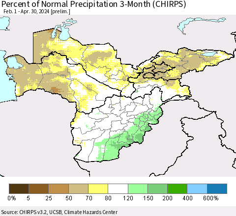 Central Asia Percent of Normal Precipitation 3-Month (CHIRPS) Thematic Map For 2/1/2024 - 4/30/2024