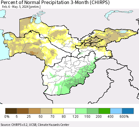Central Asia Percent of Normal Precipitation 3-Month (CHIRPS) Thematic Map For 2/6/2024 - 5/5/2024