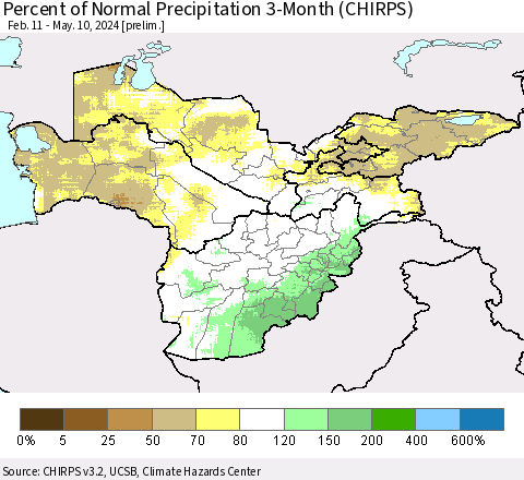 Central Asia Percent of Normal Precipitation 3-Month (CHIRPS) Thematic Map For 2/11/2024 - 5/10/2024