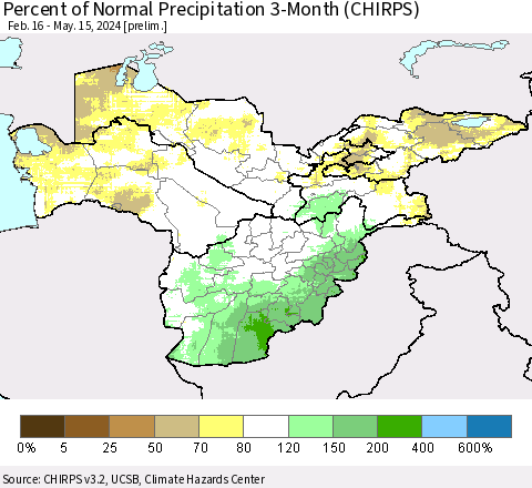 Central Asia Percent of Normal Precipitation 3-Month (CHIRPS) Thematic Map For 2/16/2024 - 5/15/2024
