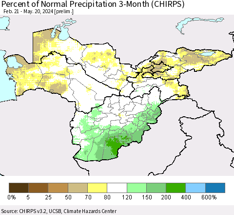 Central Asia Percent of Normal Precipitation 3-Month (CHIRPS) Thematic Map For 2/21/2024 - 5/20/2024