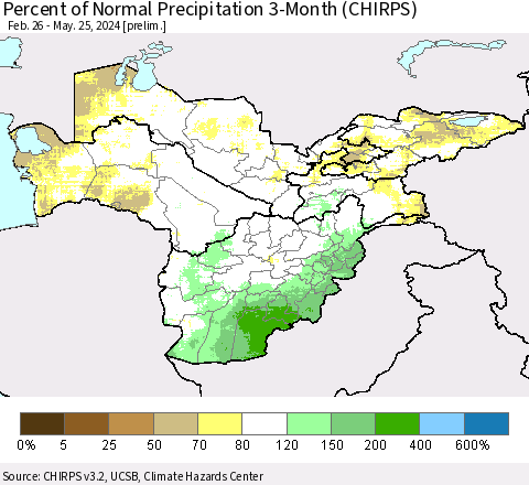 Central Asia Percent of Normal Precipitation 3-Month (CHIRPS) Thematic Map For 2/26/2024 - 5/25/2024