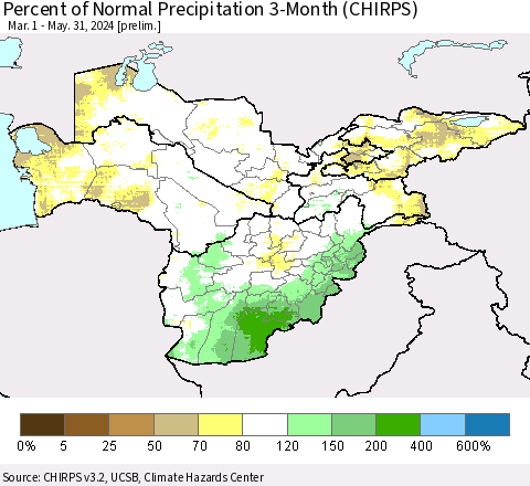 Central Asia Percent of Normal Precipitation 3-Month (CHIRPS) Thematic Map For 3/1/2024 - 5/31/2024